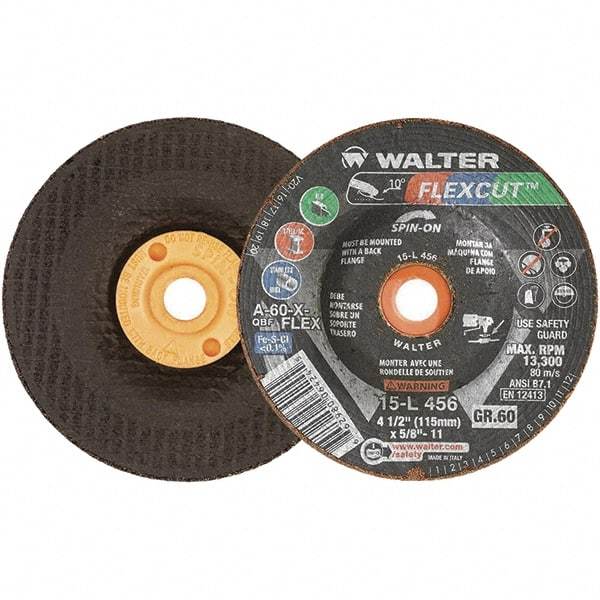 WALTER Surface Technologies - 4-1/2" Diam x 5/8" Hole, 60 Grit Surface Grinding Wheel - Aluminum Oxide, Medium Grade, 13,300 Max RPM - Apex Tool & Supply