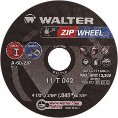 WALTER Surface Technologies - 4-1/2" 60 Grit Aluminum Oxide Cutoff Wheel - 3/64" Thick, 7/8" Arbor, 13,300 Max RPM, Use with Angle Grinders - Apex Tool & Supply