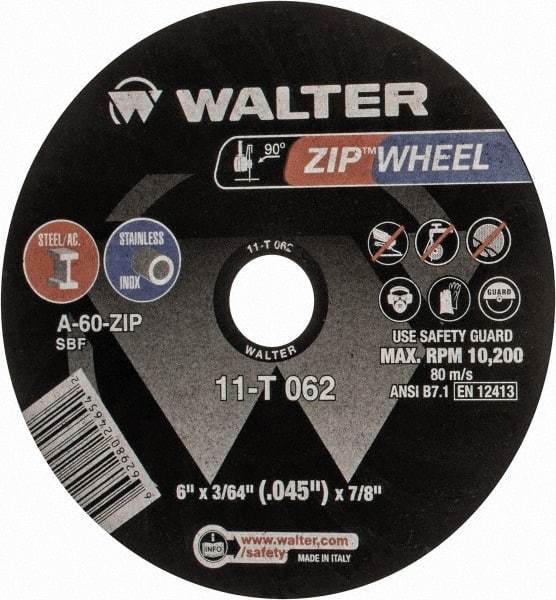 WALTER Surface Technologies - 6" 60 Grit Aluminum Oxide Cutoff Wheel - 3/64" Thick, 7/8" Arbor, 10,200 Max RPM, Use with Angle Grinders - Apex Tool & Supply