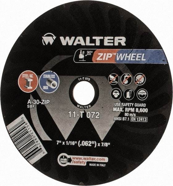 WALTER Surface Technologies - 7" 30 Grit Aluminum Oxide Cutoff Wheel - 1/16" Thick, 7/8" Arbor, 8,600 Max RPM, Use with Angle Grinders - Apex Tool & Supply