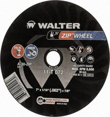 WALTER Surface Technologies - 7" 30 Grit Aluminum Oxide Cutoff Wheel - 1/16" Thick, 7/8" Arbor, 8,600 Max RPM, Use with Angle Grinders - Apex Tool & Supply