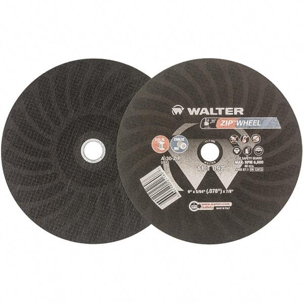 WALTER Surface Technologies - 9" 30 Grit Aluminum Oxide Cutoff Wheel - 5/64" Thick, 7/8" Arbor, 6,800 Max RPM, Use with Angle Grinders - Apex Tool & Supply