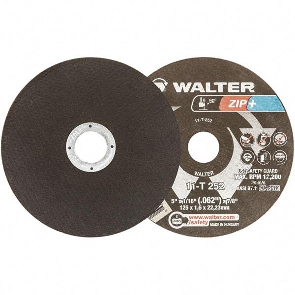 WALTER Surface Technologies - 5" 46 Grit Aluminum Oxide Cutoff Wheel - 1/16" Thick, 7/8" Arbor, 12,200 Max RPM, Use with Angle Grinders - Apex Tool & Supply