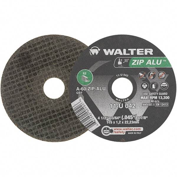 WALTER Surface Technologies - 4-1/2" 60 Grit Aluminum Oxide Cutoff Wheel - 3/64" Thick, 7/8" Arbor, 13,300 Max RPM, Use with Angle Grinders - Apex Tool & Supply