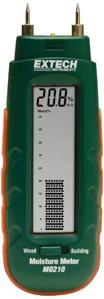 Extech - 32 to 104°F Operating Temp, Pocket Size Moisture Meter - LCD Display, Accurate to Wood 1%, Other Building Materials 0.1% - Apex Tool & Supply