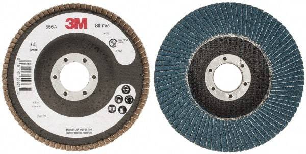 3M - 60 Grit, 4-1/2" Disc Diam, 7/8" Center Hole, Type 27 Zirconia Alumina Flap Disc - 13,300 Max RPM, Cloth Backing, Arbor Attaching System, Coated - Apex Tool & Supply