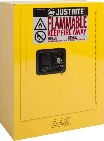 Justrite - 1 Door, 1 Shelf, Yellow Steel Space Saver Safety Cabinet for Flammable and Combustible Liquids - 22" High x 17" Wide x 8" Deep, Manual Closing Door, 2 Gal Capacity - Apex Tool & Supply