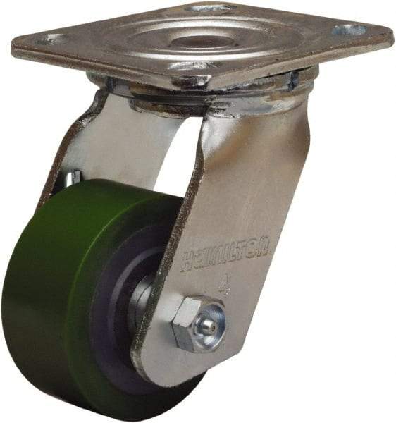 Hamilton - 3-1/4" Diam x 1-1/2" Wide x 5-1/4" OAH Top Plate Mount Swivel Caster - Polyurethane Mold onto Cast Iron Center, 475 Lb Capacity, Straight Roller Bearing, 4 x 4-1/2" Plate - Apex Tool & Supply