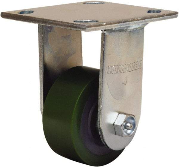 Hamilton - 3-1/4" Diam x 1-1/2" Wide x 5-1/4" OAH Top Plate Mount Rigid Caster - Polyurethane Mold onto Cast Iron Center, 475 Lb Capacity, Straight Roller Bearing, 4 x 4-1/2" Plate - Apex Tool & Supply
