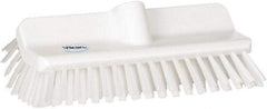 Vikan - 1-1/2" Bristle Length, Polyester Cleaning & Finishing Brush - 9-5/8" Long x 5" Wide Head, 10" OAL, European Threaded Handle, White, Polypropylene Block - Apex Tool & Supply