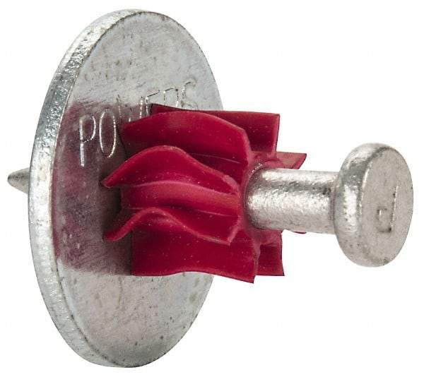 Powers Fasteners - 0.145" Shank Diam, 7/8" Washer Diam, Grade 1062 Steel Powder Actuated Drive Pin with Washer - 0.3" Head Diam, 1" Shank Length - Apex Tool & Supply