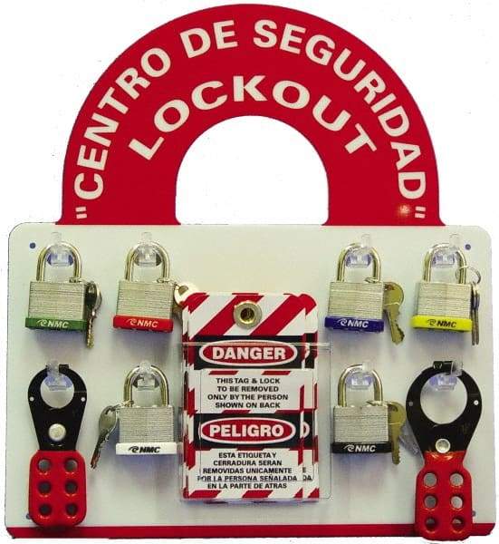 NMC - Equipped Plexiglass Tag and Padlock / Hasp Station - 14 Inch Wide x 15-1/2 Inch High, Red and White - Apex Tool & Supply