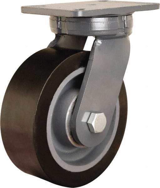 Hamilton - 8" Diam x 3" Wide x 10-1/2" OAH Top Plate Mount Swivel Caster - Polyurethane Mold on Forged Steel, 4,500 Lb Capacity, Precision Ball Bearing, 5-1/4 x 7-1/4" Plate - Apex Tool & Supply