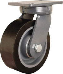 Hamilton - 8" Diam x 3" Wide x 10-1/2" OAH Top Plate Mount Swivel Caster - Polyurethane Mold on Forged Steel, 4,500 Lb Capacity, Precision Ball Bearing, 5-1/4 x 7-1/4" Plate - Apex Tool & Supply