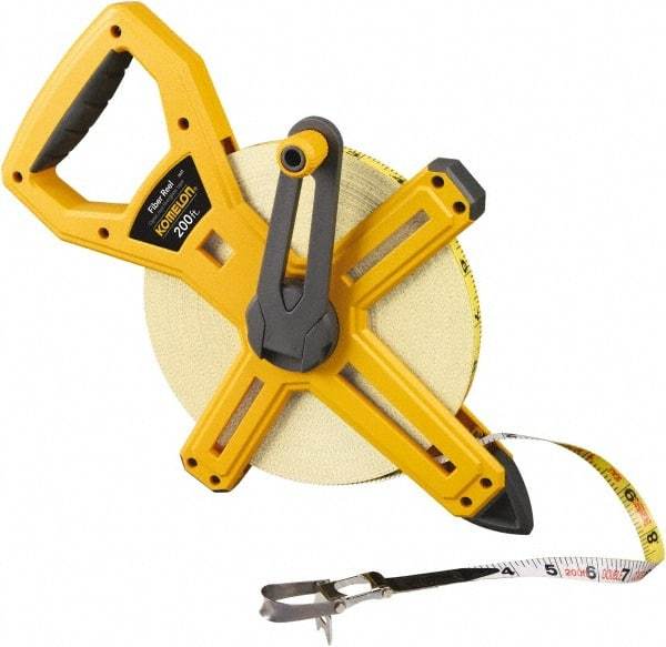 Komelon - 200' x 1/2" Yellow Fiberglass Blade Tape Measure - 1/8" Graduation, Yellow ABS Plastic Case - Apex Tool & Supply
