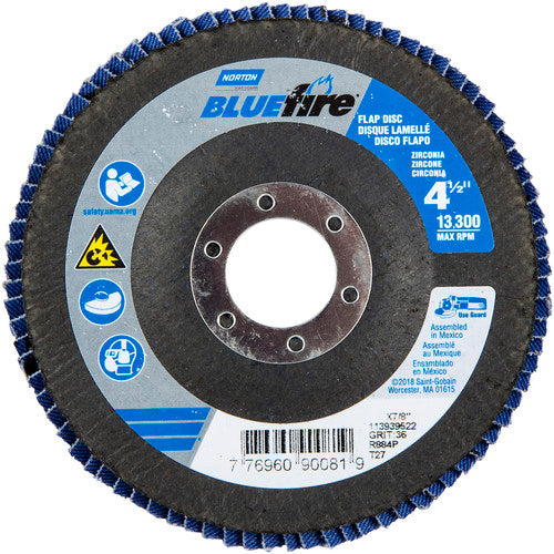 ‎4-1/2 × 7/8″ BlueFire Fiberglass HD Flat Flap Disc Type 27 P36 Grit R884P1 Zirconia Alumina - Apex Tool & Supply
