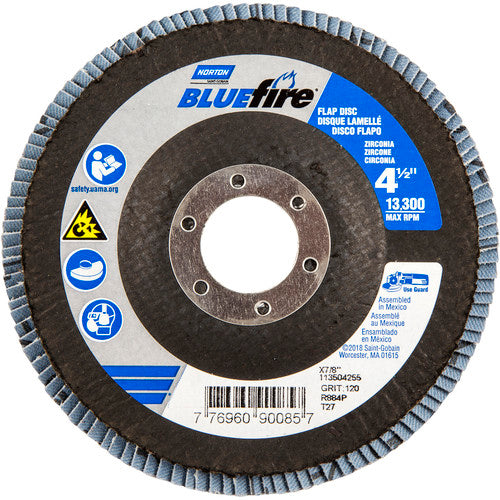 ‎4-1/2 × 7/8″ BlueFire Fiberglass HD Flat Flap Disc Type 27 P120 Grit R884P2 Zirconia Alumina - Apex Tool & Supply