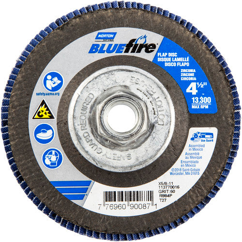 ‎4-1/2 × 5/8 - 11″ BlueFire Fiberglass HD Flat Flap Disc Type 27 P60 Grit R884P1 Zirconia Alumina - Apex Tool & Supply