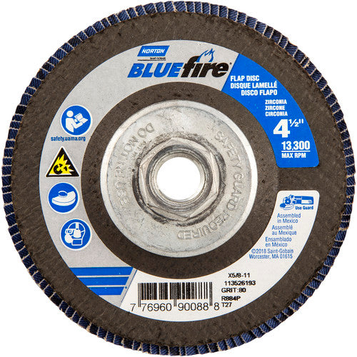 ‎4-1/2 × 5/8 - 11″ BlueFire Fiberglass HD Flat Flap Disc Type 27 P80 Grit R884P1 Ceramic Alumina - Apex Tool & Supply