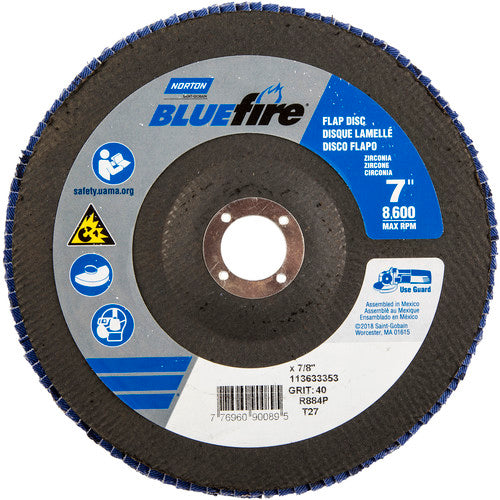 7 × 7/8″ BlueFire Fiberglass HD Flat Flap Disc Type 27 P40 Grit R884P1 Zirconia Alumina - Apex Tool & Supply