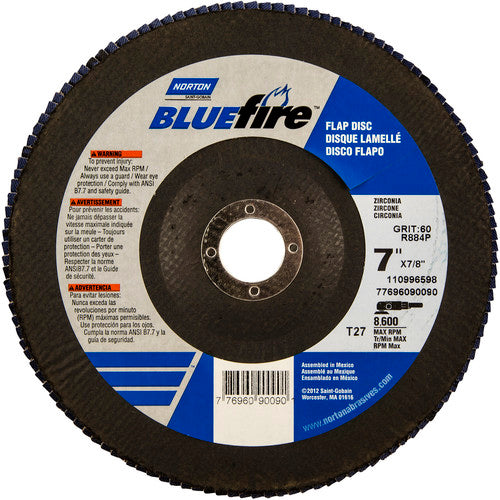 7 × 7/8″ BlueFire Fiberglass HD Flat Flap Disc Type 27 P60 Grit R884P1 Zirconia Alumina - Apex Tool & Supply