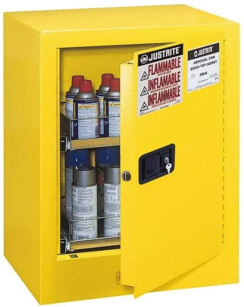 Justrite - 1 Door, 2 Shelf, Yellow Steel Bench Top Safety Cabinet for Flammable and Combustible Liquids - 27" High x 21" Wide x 18" Deep, Manual Closing Door, 4 Gal Capacity - Apex Tool & Supply