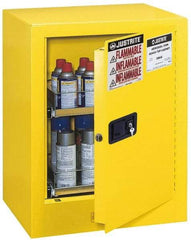 Justrite - 1 Door, 2 Shelf, Yellow Steel Bench Top Safety Cabinet for Flammable and Combustible Liquids - 27" High x 21" Wide x 18" Deep, Manual Closing Door, 4 Gal Capacity - Apex Tool & Supply