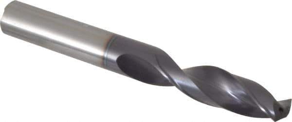 Accupro - 12mm 140° Spiral Flute Solid Carbide Screw Machine Drill Bit - AlTiN Finish, Right Hand Cut, 45mm Flute Length, 102mm OAL, Standard Point, Straight Shank, Through Coolant - Apex Tool & Supply