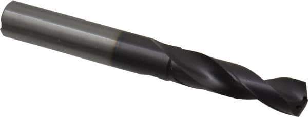 Accupro - 7/16" 140° Spiral Flute Solid Carbide Screw Machine Drill Bit - AlTiN Finish, Right Hand Cut, 41.7mm Flute Length, 102mm OAL, Standard Point, Straight Shank, Through Coolant - Apex Tool & Supply