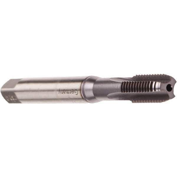Emuge - M10x1.50 Metric Coarse 6HX 3 Flute TiCN Finish Cobalt Straight Flute Machine Tap - Bottoming, Right Hand Thread, 100mm OAL, 22mm Thread Length, Oversize, Through Coolant - Exact Industrial Supply