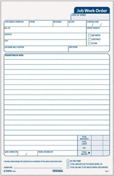 TOPS - 50 Sheet, 5-1/2 x 8-1/2", Work Order Pad - White - Apex Tool & Supply