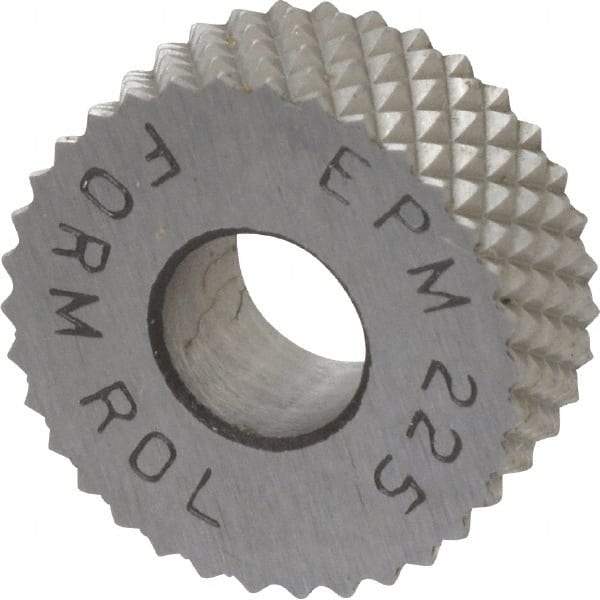 Made in USA - 1/2" Diam, 90° Tooth Angle, 25 TPI, Standard (Shape), Form Type High Speed Steel Male Diamond Knurl Wheel - 3/16" Face Width, 3/16" Hole, Circular Pitch, 30° Helix, Bright Finish, Series EP - Exact Industrial Supply