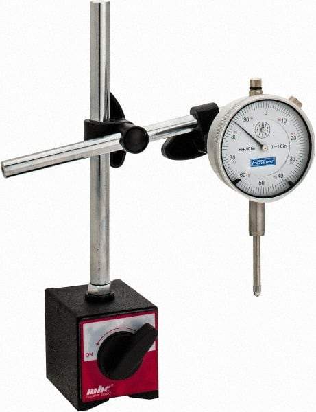 Fowler - 0.001" Graduation, 0-100 Dial Reading, Indicator & Base Kit - 1" Base Length x 1-7/8" Base Width x 2-3/8" Base Height - Apex Tool & Supply