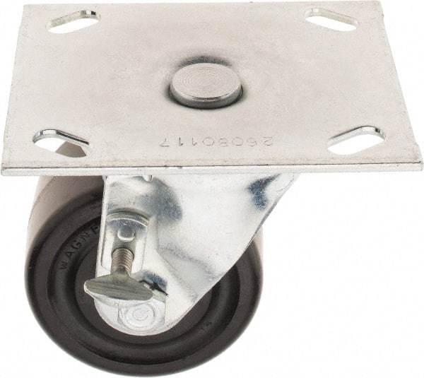 E.R. Wagner - 3" Diam x 1-3/4" Wide x 3-7/8" OAH Top Plate Mount Swivel Caster with Brake - Phenolic, 500 Lb Capacity, Roller Bearing, 3-3/4 x 4-5/8" Plate - Apex Tool & Supply