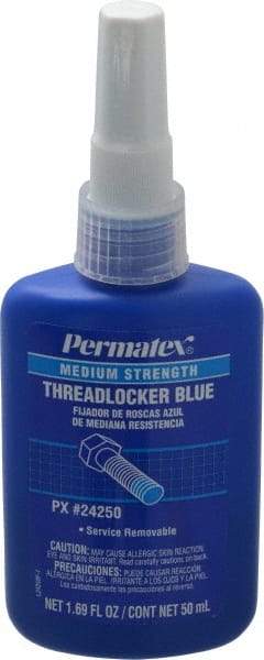 Permatex - 50 mL Bottle, Blue, Medium Strength Liquid Threadlocker - Series 242, 24 hr Full Cure Time, Hand Tool Removal - Apex Tool & Supply