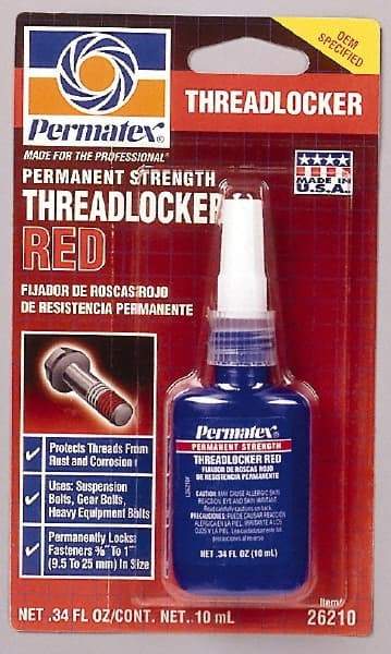 Permatex - 10 mL Bottle, Red, High Strength Liquid Threadlocker - Series 262, 24 hr Full Cure Time, Hand Tool, Heat Removal - Apex Tool & Supply