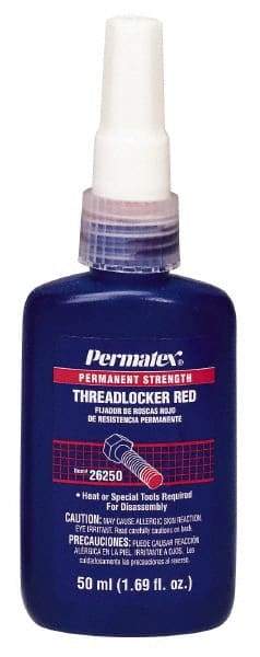 Permatex - 50 mL Bottle, Red, High Strength Liquid Threadlocker - Series 262, 24 hr Full Cure Time, Hand Tool, Heat Removal - Apex Tool & Supply
