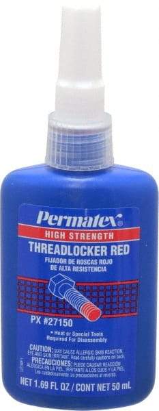 Permatex - 50 mL Bottle, Red, High Strength Liquid Threadlocker - Series 271, 24 hr Full Cure Time, Hand Tool, Heat Removal - Apex Tool & Supply