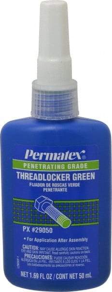 Permatex - 50 mL Bottle, Green, Liquid Medium Strength Threadlocker - Series 290, 24 hr Full Cure Time, Hand Tool, Heat Removal - Apex Tool & Supply