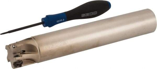Seco - 1-1/4" Cut Diam, 0.354" Max Depth of Cut, 1-1/4" Shank Diam, 7.677" OAL, Indexable Square Shoulder End Mill - XO.X 10T3.. Inserts, Cylindrical Shank, 90° Lead Angle, Through Coolant, Series Turbo 10 - Apex Tool & Supply