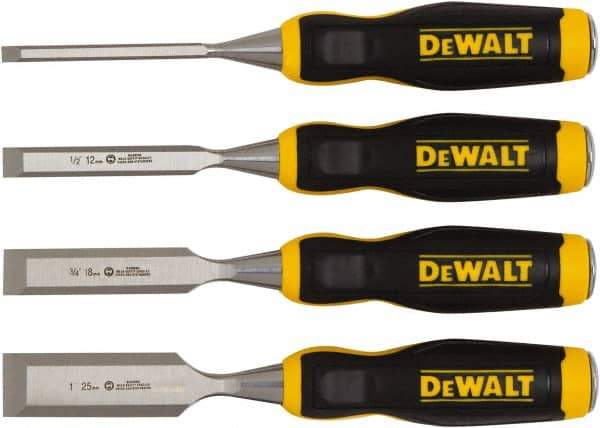 DeWALT - 4 Piece Wood Chisel Set - 11-29/32" OAL, High-impact Polypropylene & Rubber, Sizes Included 1/4 to 1" - Apex Tool & Supply