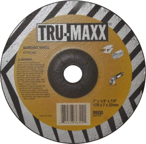 Tru-Maxx - 24 Grit, 7" Wheel Diam, 1/4" Wheel Thickness, 7/8" Arbor Hole, Type 27 Depressed Center Wheel - Aluminum Oxide, 8,600 Max RPM, Compatible with Angle Grinder - Apex Tool & Supply
