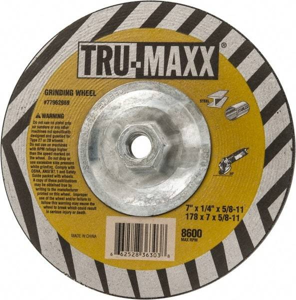 Tru-Maxx - 7" Wheel Diam, 1/4" Wheel Thickness, Type 27 Depressed Center Wheel - Aluminum Oxide, 8,600 Max RPM, Compatible with Angle Grinder - Apex Tool & Supply