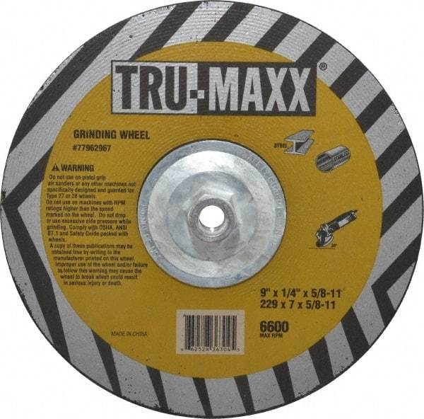 Tru-Maxx - 9" Wheel Diam, 1/4" Wheel Thickness, Type 27 Depressed Center Wheel - Aluminum Oxide, 6,600 Max RPM, Compatible with Angle Grinder - Apex Tool & Supply