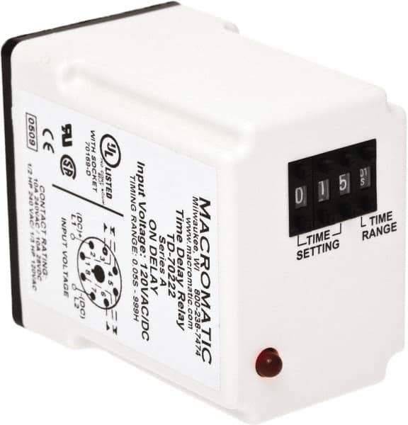 Macromatic - 8 Pin, 999 hr Delay, Multiple Range DPDT Time Delay Relay - 10 Contact Amp, 240 VAC, Pushbutton Thumbwheel - Apex Tool & Supply