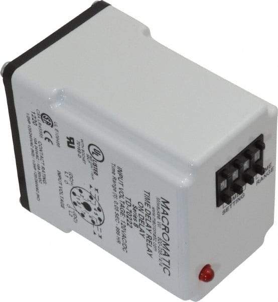 Macromatic - 8 Pin, 999 hr Delay, Multiple Range DPDT Time Delay Relay - 10 Contact Amp, 120 VAC/VDC, Pushbutton Thumbwheel - Apex Tool & Supply