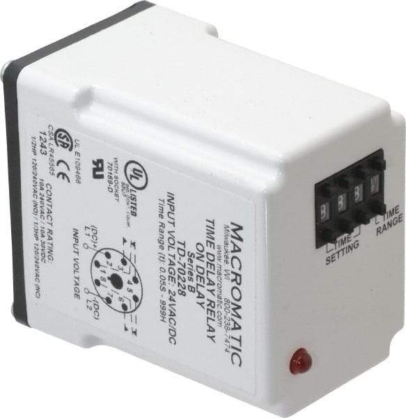 Macromatic - 8 Pin, 999 hr Delay, Multiple Range DPDT Time Delay Relay - 10 Contact Amp, 24 VAC/VDC, Pushbutton Thumbwheel - Apex Tool & Supply