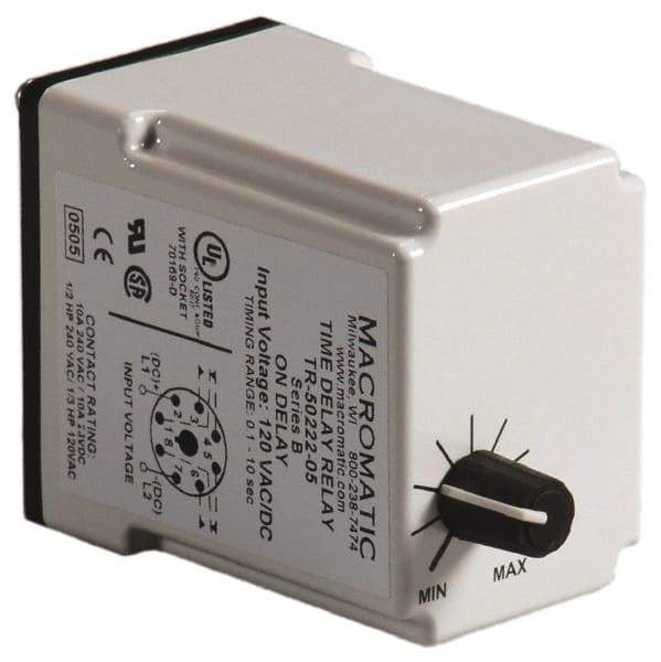 Macromatic - 8 Pin, Multiple Range DPDT Time Delay Relay - 10 Contact Amp, 120 VAC/VDC, Knob - Apex Tool & Supply