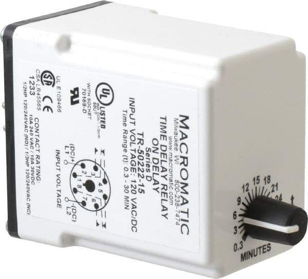 Macromatic - 8 Pin, 0.3 to 30 min Delay, Multiple Range DPDT Time Delay Relay - 10 Contact Amp, 120 VAC/VDC, Knob - Apex Tool & Supply