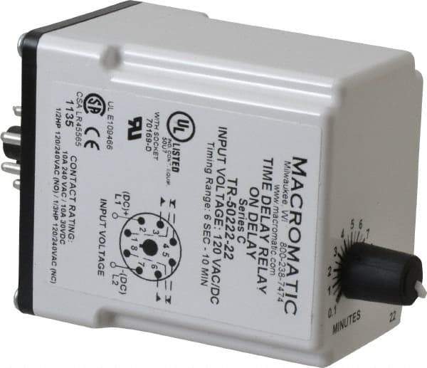Macromatic - 8 Pin, 10 min Delay, Multiple Range DPDT Time Delay Relay - 10 Contact Amp, 120 VAC/VDC, Knob - Apex Tool & Supply
